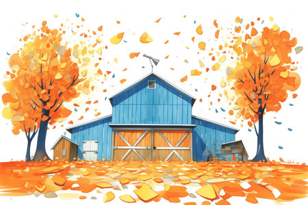 shadows of tall trees falling on an orange barnの素材