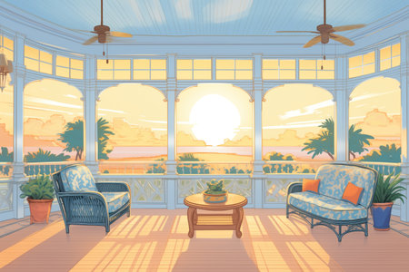time-lapse sunset from colonial revival sunroom, magazine style illustrationの素材