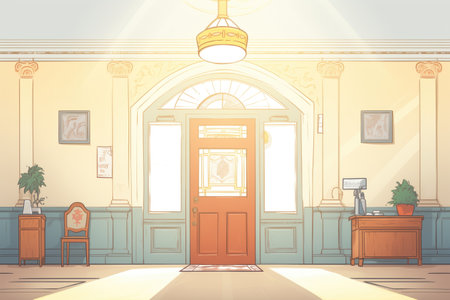 backlit illustration of a wide door and ornate fanlight in a colonial revival-style building, magazine style illustrationの素材