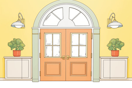 a pair of symmetric doors with semi-circular fanlights in a duplex colonial revival, magazine style illustrationの素材