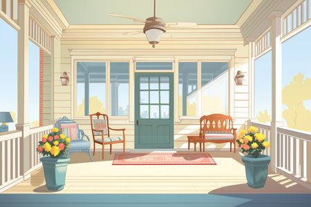 low viewpoint shot of a large colonial revival porch with fanlight, magazine style illustrationの素材