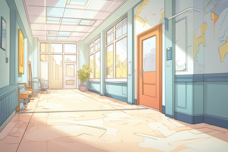 dramatic shot of an empty hallway ending with a giant window, magazine style illustrationの素材