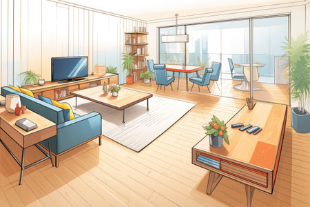 bamboo flooring in a modern living room, magazine style illustrationの素材