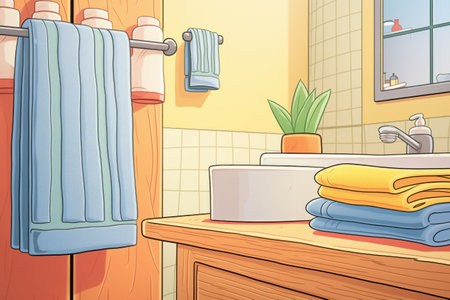 close-up shot of folded cotton towels in a bathroomの素材