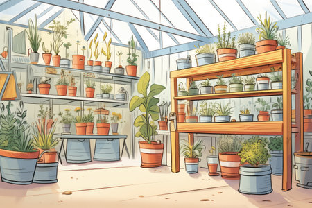 hand-labeled pots of herb plants in a farm nurseryの素材