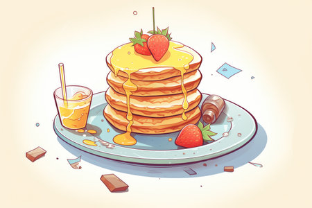 a plate of pancakes topped with syrup and berriesの素材