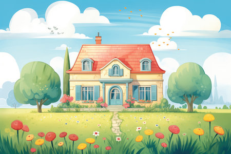 french country house with red hipped roof in lush field, magazine style illustrationの素材