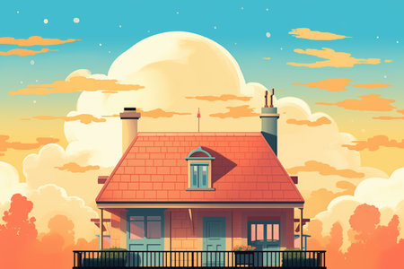 french house hipped roof silhouette against an orange sunset, magazine style illustrationの素材