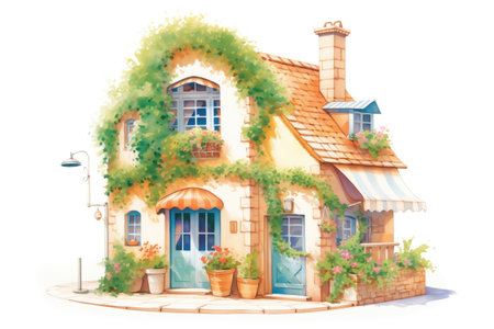 french house with hipped roof, covered in climbing ivy, magazine style illustrationの素材