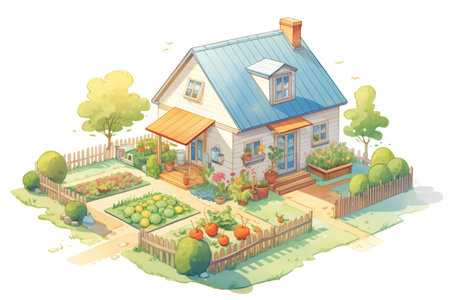 french farmhouse with hipped roof and vegetable garden, magazine style illustrationの素材
