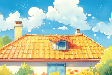 close-up of hipped roof tiles on french home, magazine style illustrationの素材