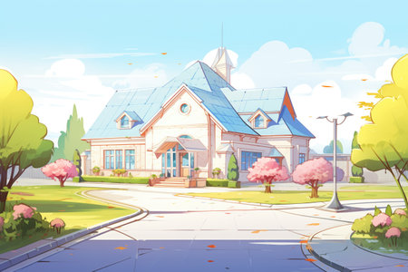 hipped roof countryside villa with long driveway, magazine style illustrationの素材