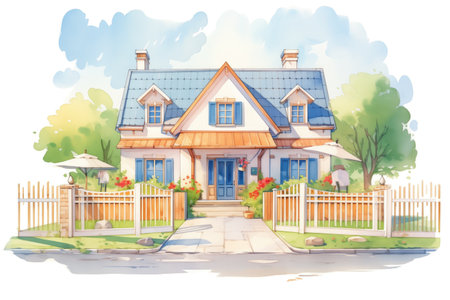 white french country home with hipped roof and wooden gate, magazine style illustrationの素材