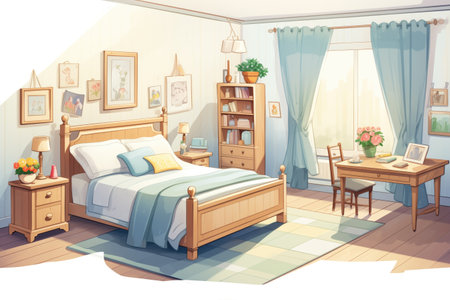 french country bedroom with a wooden bed frame, magazine style illustrationの素材