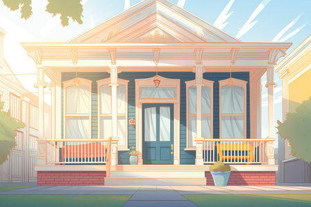 sunrise casting light on a greek revival houses faceted porch, magazine style illustrationの素材