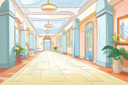 image of a column-flanked hallway in a public building, magazine style illustrationの素材