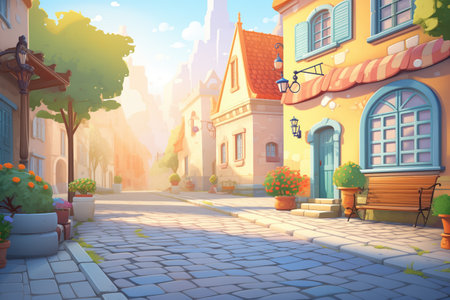 cobblestone alley path in a european town during sunriseの素材