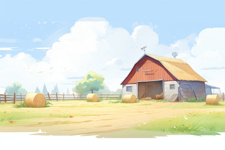 wide shot of stable area with scattered hayの素材