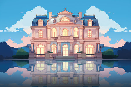 luxurious italianate mansion with a belvedere reflecting twilight hues, magazine style illustrationの素材
