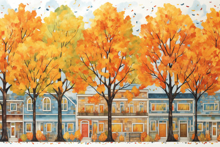 italianate structure seen through rows of trees in autumn, magazine style illustrationの素材