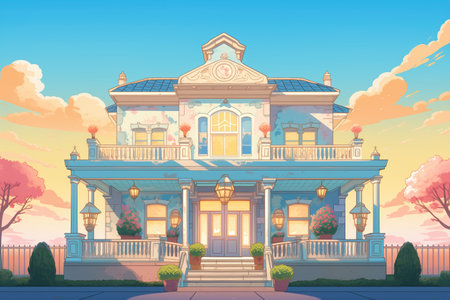 italianate mansion with deep eaves at sunset, magazine style illustrationの素材