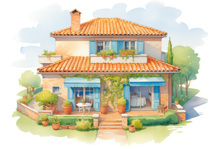 mediterranean home with well-maintained clay tile roof, magazine style illustrationの素材