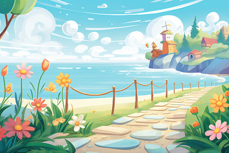 a stone path with flowers leading to a beach, magazine style illustrationの素材