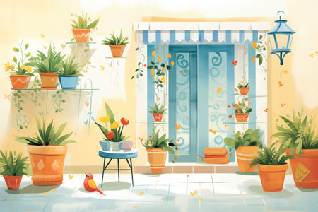 potted plants adorning the courtyard of a mediterranean house, magazine style illustrationの素材