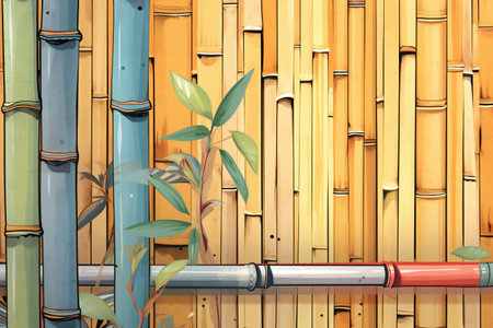 detail shot of a bamboo and corrugated iron wall, magazine style illustrationの素材