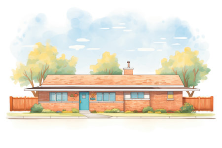 straight-on view of the raised ranchs brick exterior, magazine style illustrationの素材