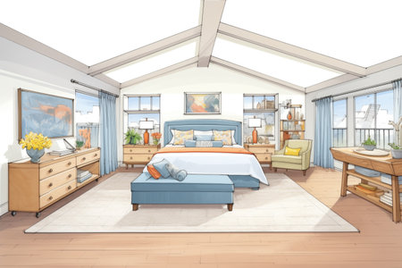 a spacious master bedroom in a raised ranch home, magazine style illustrationの素材