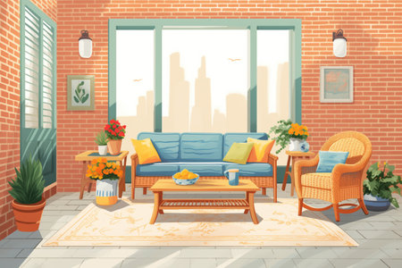 brick ranch porch featuring wicker furniture, magazine style illustrationの素材