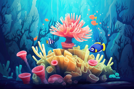 vibrant anemone caught under the spotlight in the coral reefの素材