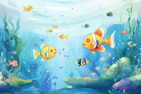 a close-up of exotic fishes swimming in clear waterの素材