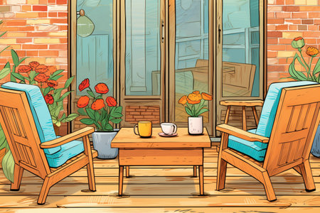 close up of heavy, wooden furniture in the outdoor courtyard, magazine style illustrationの素材