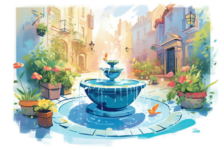 bird bath or fountain with running water in courtyard, magazine style illustrationの素材