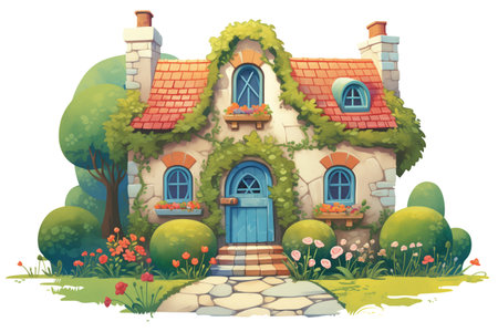 stone cottage with a flourishing hedge around, magazine style illustrationの素材