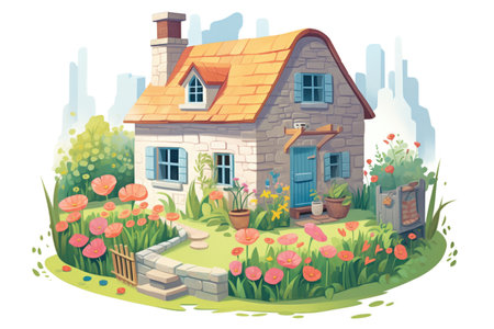 stone cottage with a blooming flower garden, magazine style illustrationの素材