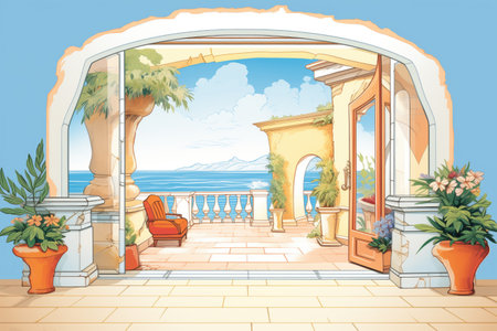 stucco mediterranean home with sea view from the archway, magazine style illustrationの素材
