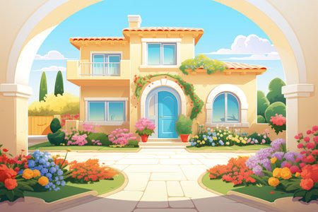 front yard of a stucco mediterranean house with flowering archways, magazine style illustrationの素材