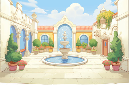stucco archway leading to paved courtyard with a fountain, magazine style illustrationの素材