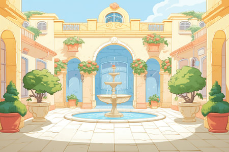 stucco archway leading to paved courtyard with a fountain, magazine style illustrationの素材