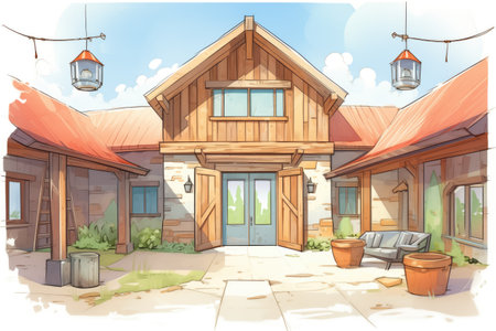 courtyard ranch with rustic barn doors, magazine style illustrationの素材