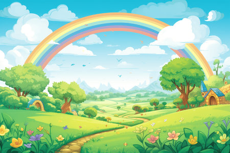 a vibrant rainbow arching over a lush green fieldの素材