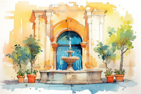 spanish revival fountain against whitewashed wall in courtyard, magazine style illustrationの素材