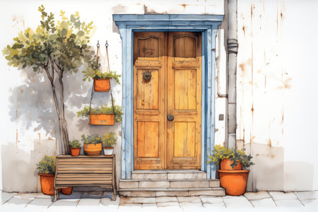 spanish revival brown wooden door on whitewashed wall, magazine style illustrationの素材