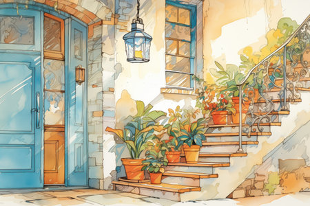 stairway detail of a whitewashed spanish revival building, magazine style illustrationの素材