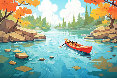 red kayak against crisp, clear river waterの素材