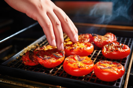 a pair of hands picking up a grilled tomato from a trayの素材