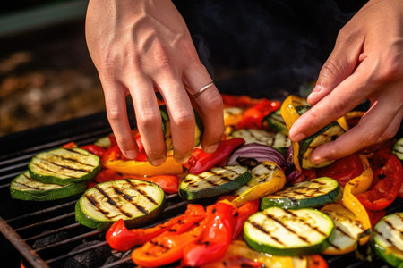 hands grilled vegetable into slicesの素材
